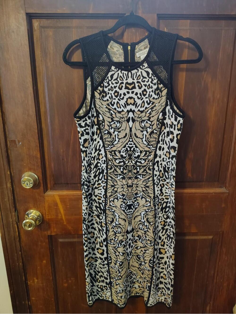 Cache Women's Knit Leopard Print Pencil Dress Sleeveless Mesh Shoulder Size M